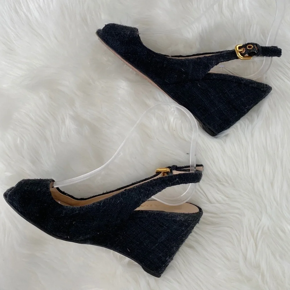 Prada tweed slingback peep toe wedges, Sz. 36.5